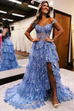 Pretty Off the Shoulder Black Tulle Appliques Off-the-Shoulder Ruffle Long Prom Dress Graduation Dress HZ1121
