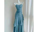 Elegant Mermaid Spaghetti Straps Blue Satin Long Prom Dresses Party Dress 21st Birthday Outfits Graduation Dresses HZ1121