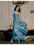 Elegant Mermaid Spaghetti Straps Blue Satin Long Prom Dresses Party Dress 21st Birthday Outfits Graduation Dresses HZ1121