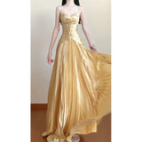 Vintage A line Spaghetti Straps Gold Satin Long Summer 18th Birthday Dress Party Dress Birthday Outfits Evening Dresses HZ1121