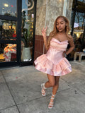 Unique Ball Gown Sweetheart Pink Satin Lace Short Formal 8th Grade Homecoming Dresses Middle School Cocktail Dress Hoco Outfits Inspo HZ1121