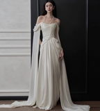 Ivory Off-shoulder Sheath Evening Gowns Simple Chiffon Formal Dresses Elegant Sleeveless Long Prom Dresses HZ1121
