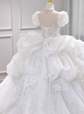 Sparkly White Square Neck Bridal Dress Tulle Beaded Ball Gown Short Sleeve Long Wedding Dresses Luxury Floor Length Applique Bridal Gowns HZ1121