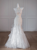 Pretty Wedding Dress Mermaid High Neck White Tulle Long Wedding Dresses Bridal Gowns HZ1121