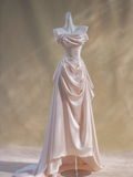 Simple A line Off The Shoulder Light Pink Satin Prom Dresses Formal Summer Wedding Guest Dresses Wedding Guest Outfits HZ1121