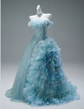 Stunning Off-the-Shoulder Ball Gown Tiered Sequined Mesh Flower Long Quinceanera Dress Blue Formal Gowns Vestido De 15 Anos Sweet 16 Dress HZ1121