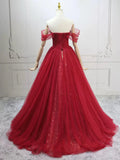 Elegant Off-Shoulder A-Line Tulle Long Prom Dresses, Burgundy Formal Evening Dresses HZ1121