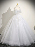 Cute V neck A-Line Tulle Long Prom Dresses, White Sweet 16 Dresses HZ1121
