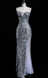 Elegant Spaghetti Straps Mermaid Long Prom Dresses Silver Sequin Formal Dresses Sleeveless Evening Dresses HZ1121