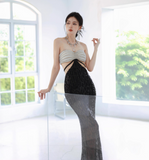 Sexy Strapless Mermaid Long Evening Dresses Beaded Sequin Party Dresses Black Prom Dresses HZ1121