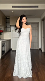 Elegant Spaghetti Strap Sheath Long Prom Dresses Applique White Evening Dress Backless Wedding Guest Dresses HZ1121