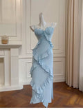 Elegant Sheath Spaghetti Straps Blue Chiffon Sleeveless Long Evening Party Gowns Evening Formal Dresses Prom Dress HZ1121