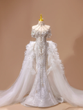 Princess Wedding Dress Mermaid Strapless Sequin Short Sleeves Wedding Dresses Bridal Gowns HZ1121